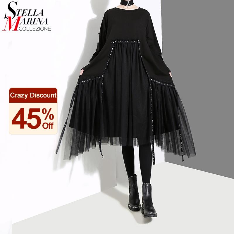 Koreaanse Stijl Vrouwen Herfst Winter Zwart Losse Jurk Lange Mouwen Mesh Overlay Dames Casual Midi Jurk Gewaad 4564