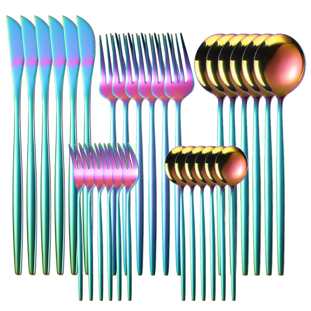 Couverts en acier inoxydable, 30 pièces, service de table en or, vaisselle en acier inoxydable, fourchette en or, cuillère couteau, service d'argenterie de luxe pour Banquet: 30Pcs Rainbow