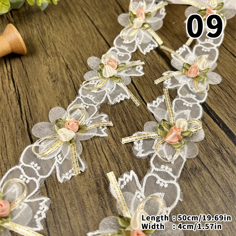 1/2/5m blondebånd med 3d blomster til bryllupsdekoration, kjole, taske, gør-det-selv-sytilbehør, perlebesat applikation, blomster, broderi, blonde: Brun / 2 yards