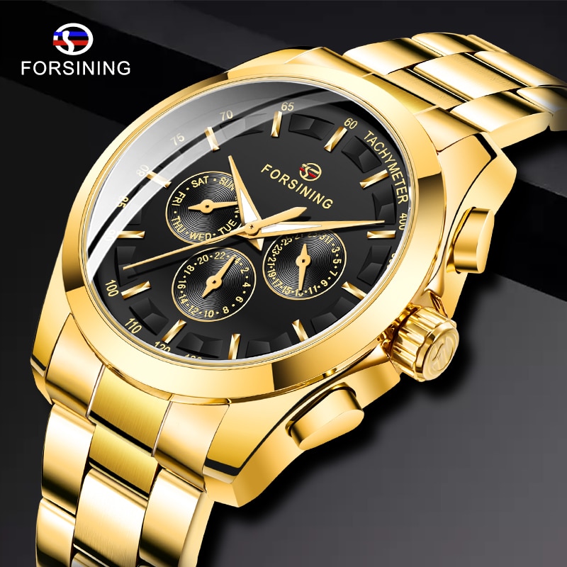Forsining Zwarte Business Mechanische Mannen Horloge Automatische 3 Sub Dial Datum Golden Stalen Band Dress Horloge Klok Uur Tijd Reloj