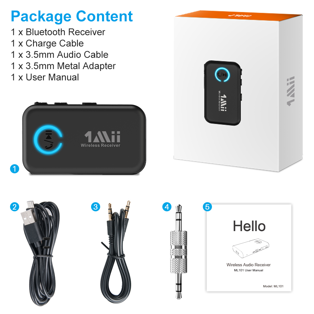 1mii ml100 receptor bluetooth 5.0 para adaptador de áudio aux de carro, com microfone 14h bateria longa 3.5mm jack para tv fone de ouvido alto-falante: Default Title