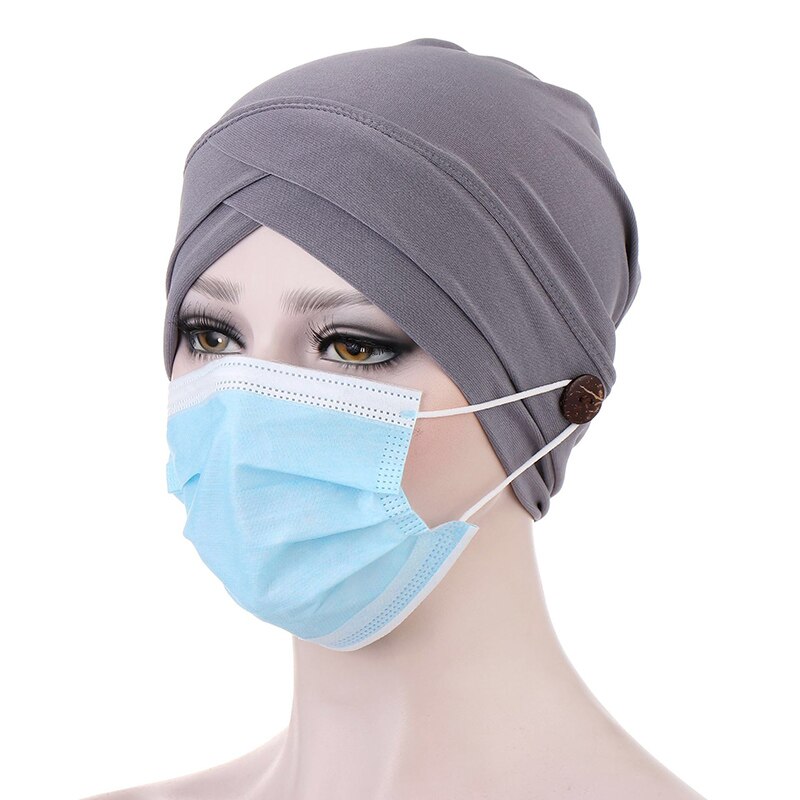 Turbante elástico de algodón para mujer, gorro de bufanda, gorro interior, gorro de enfermera con botón, oferta: grey