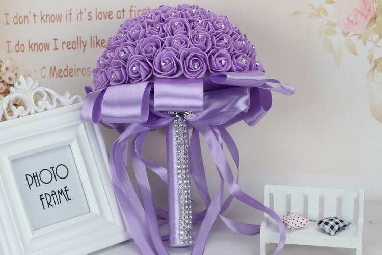 AYiCuthia boeket zijde bloemen Brautjungfer Hochzeit Foamflowers Weiß Rose Braut blumenstrauß Weiß Satin Romantische Hochzeit bouquet S21: purple