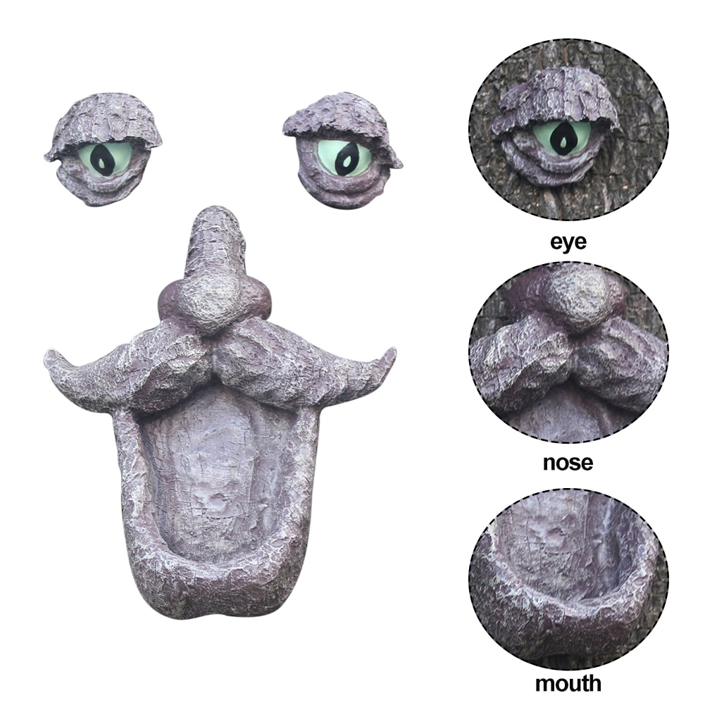 Hand-painted Resin Sculpture Funny Yard Art Garden Decor Crafts Outdoor Tree Face Bird Feeder With Eyes Realistic Old Man