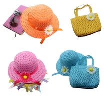 Mooie Multi Color Zomer Zonnehoed Meisjes Kids Straw Hat Cap Strand Hoeden Zak Bloem Tote Handtas Zakken Pak