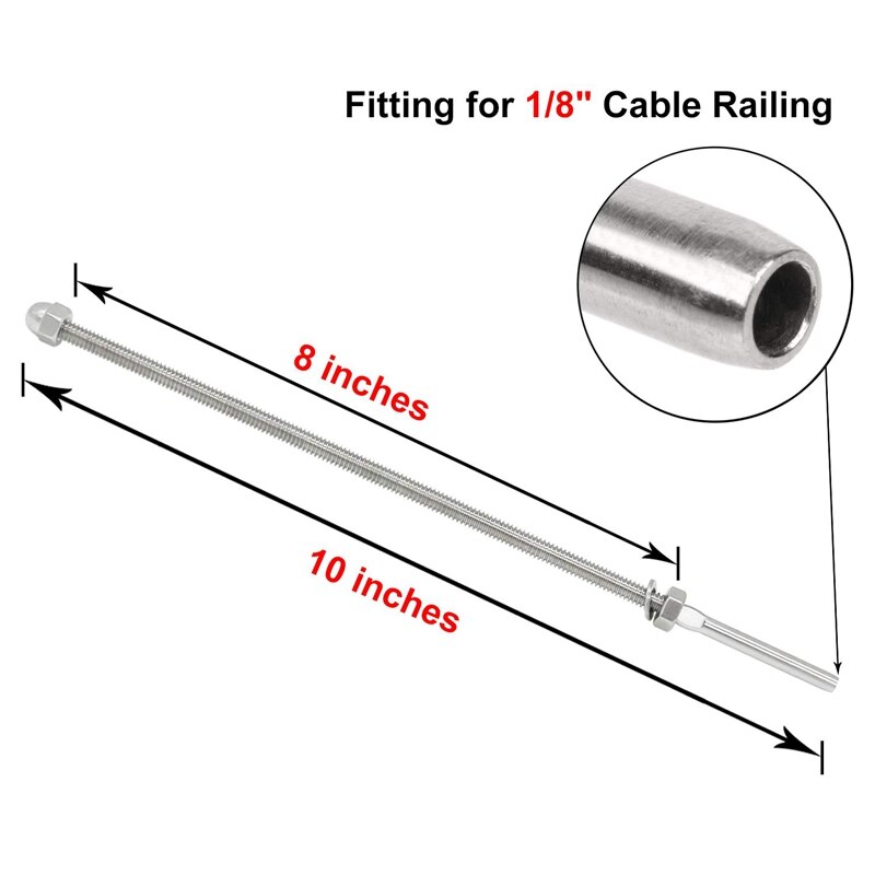 Swage Threaded Stud Tension End Fitting Terminal for 1/8 Inch Cable Railing, T316 Stainless Steel Marine Grade (10 Inch Long, fo