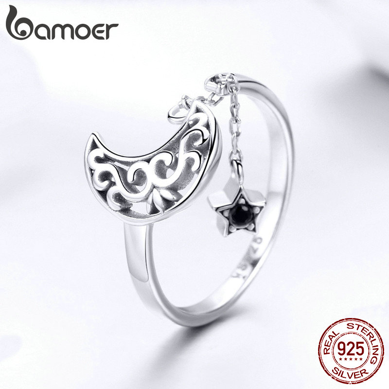 Bamoer Echt 925 Sterling Zilveren Maan En Ster Lange Ketting Ster Verstelbare Vinger Ring Voor Vrouwen Sterling Zilveren Sieraden SCR479