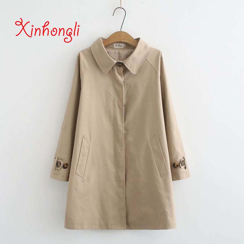 Plus size khaki black women cotton trench coat spring autumn casual ladies Covered Button overwear female tops coats