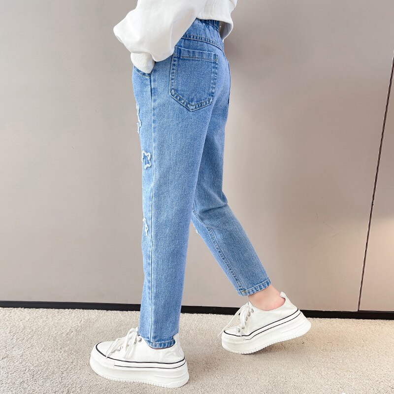 Jean crayon en Denim pour filles, pantalon décontracté à motifs géométriques, taille élastique, extensible, Slim, pour enfants, printemps automne, 2022