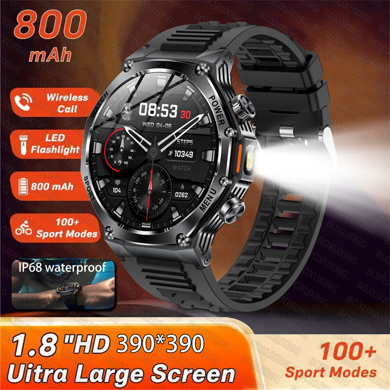 2025 Nuovo Smart Watch Uomo Torcia a LED 1.8 pollici Sport all'aria aperta da uomo Fitness Tracker 800mah Batteria di grandi dimensioni BT Chiamate Smartwatch: BIANCO