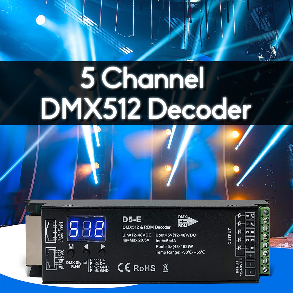 5 Channel DMX512 Decoder Dimmer Driver PWM LED Controller for DC12V-48V with RDM Digital Display for RGBCCT,RGBWW,RGBW Light