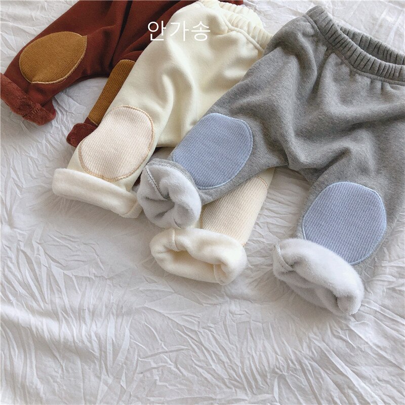Bébé garçons filles genou Patch pantalon automne hiver Plus velours enfants pur coton Leggings solide enfant en bas âge Pp pantalon