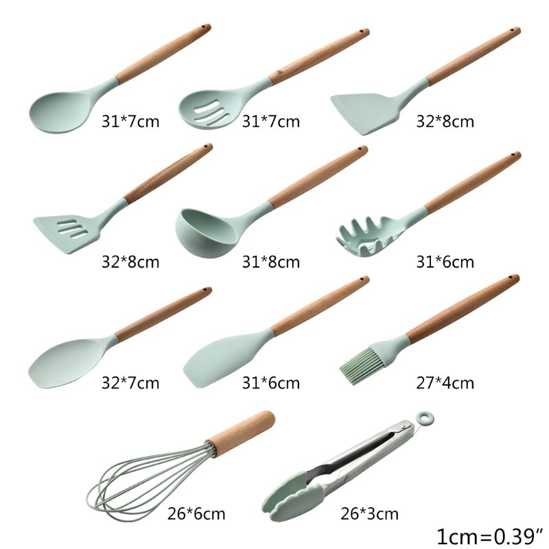Non-toxic Silicone Kitchen Cooking Utensils Set Natural Wooden Handle Cooking Tools Turner Tongs Spatula Spoon for Nonstick Cook