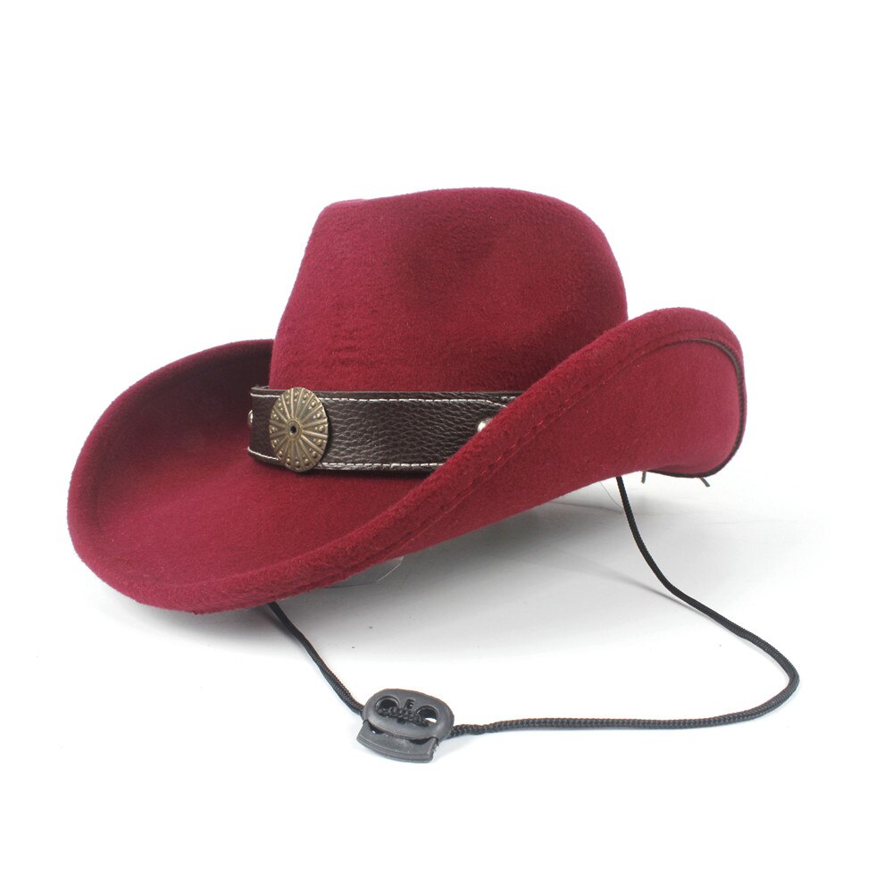 Sombrero de vaquero occidental con agujeros para Hombre y mujer, Sombrero de lana, color negro, para Jazz, ecuestre: Wine red
