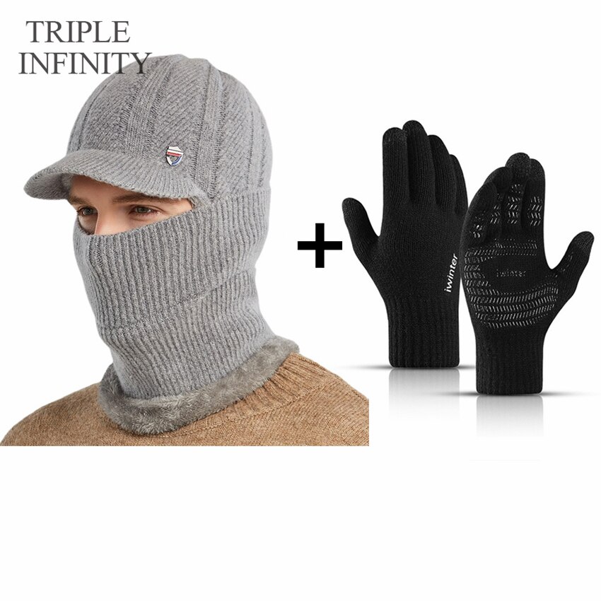 TRIPLE INFINITY Winter Men Knitted Hat Thick Windproof Dust-proof Sun Visor Hats Outdoor Cycling Warm Bonnet Male Baseball Cap: Winter Warm Set G