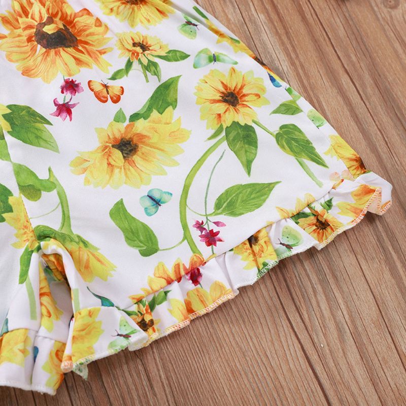 Populaire Peuter Meisjes Zomer Sling Ruches Rompertjes Mouwloze Zonnebloem Print Jumpsuit