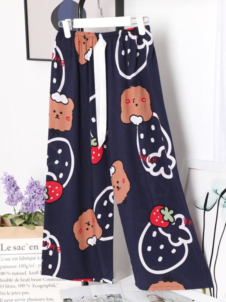 Pantalon en coton respirant pour femmes, imprimé Floral, jambes larges, cordon de serrage, vêtements de maison, Long, été: 15