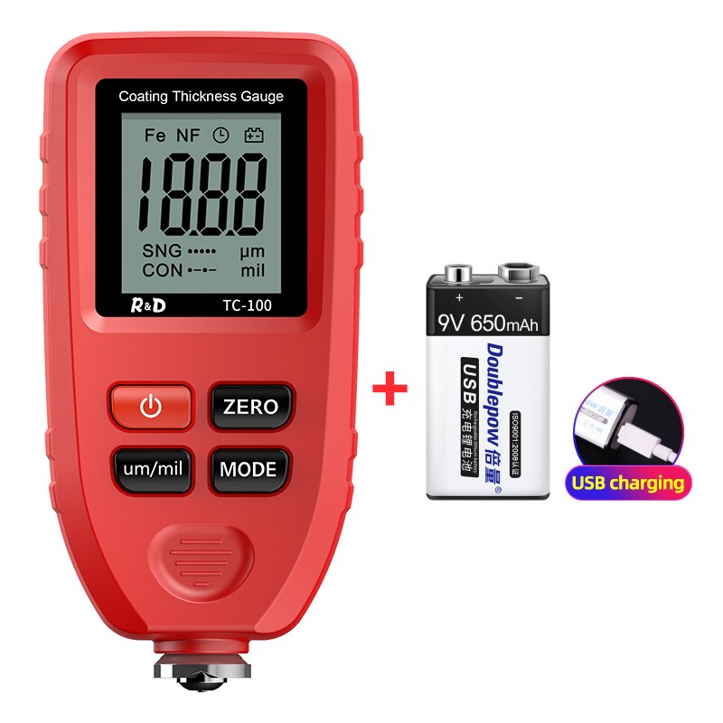 R &amp; D – jauge d'épaisseur de revêtement de peinture automobile blanche, testeur d'épaisseur de Film de peinture automobile, outil de peinture manuel russe FE/NFE, TC100: Red with battery