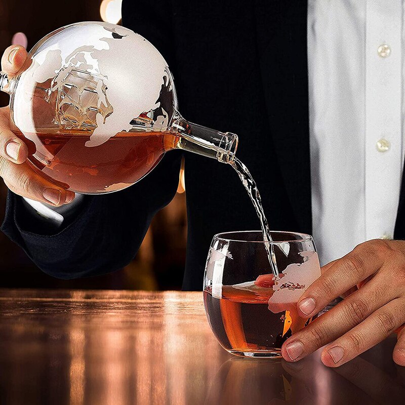 Ensemble de Carafe Globe créative, avec support en bois exquis sans plomb et 2 verres à Whisky, de Globe
