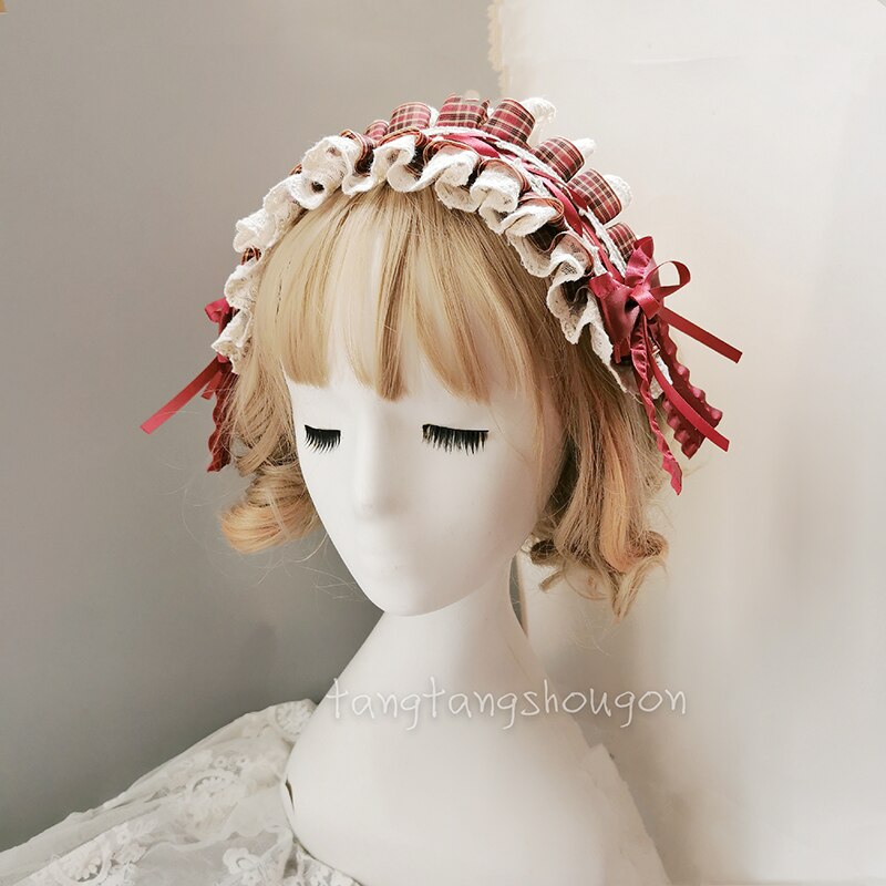 Diadema de pelo de Lolita hecha a mano, tocado de Caperucita Roja, adorno de pelo con lazo de encaje, diadema roja de vino para Cosplay