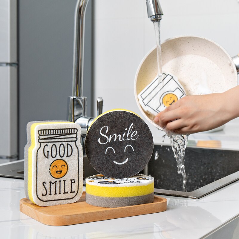4 Uds. Esponja de limpieza creativa de dibujos animados sonrisa mágica para la limpieza de cocina y baño herramienta de lavado de platos esponjas estropajo