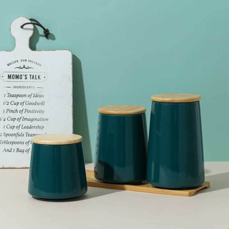 1PC Ceramic Storage Tank Sealed Coffee Storage Bottle with Wood Lid Spice Jar Container Sealed Tea Cans Tea Pot Grain Organizer