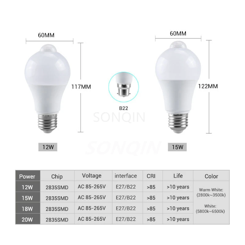 12/15/18/20w e27 led-rörelsesensorlampa led-lampa pir-sensorlampa automatisk på/av nattlampa för parkeringsbelysning i hemmet  ac85v-265v