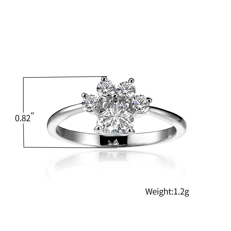 Sød kat pote hund klo ring hvid zirkon hjerte sten ringe til kvinder bryllup smykker vintage sølv farve dyre fodspor ring