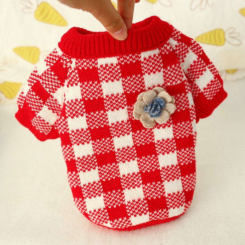 Hund sweater efterårsblomst plaid bamse chihuahua kæledyrstrøje strikket varmt hundetøj: Rød / M