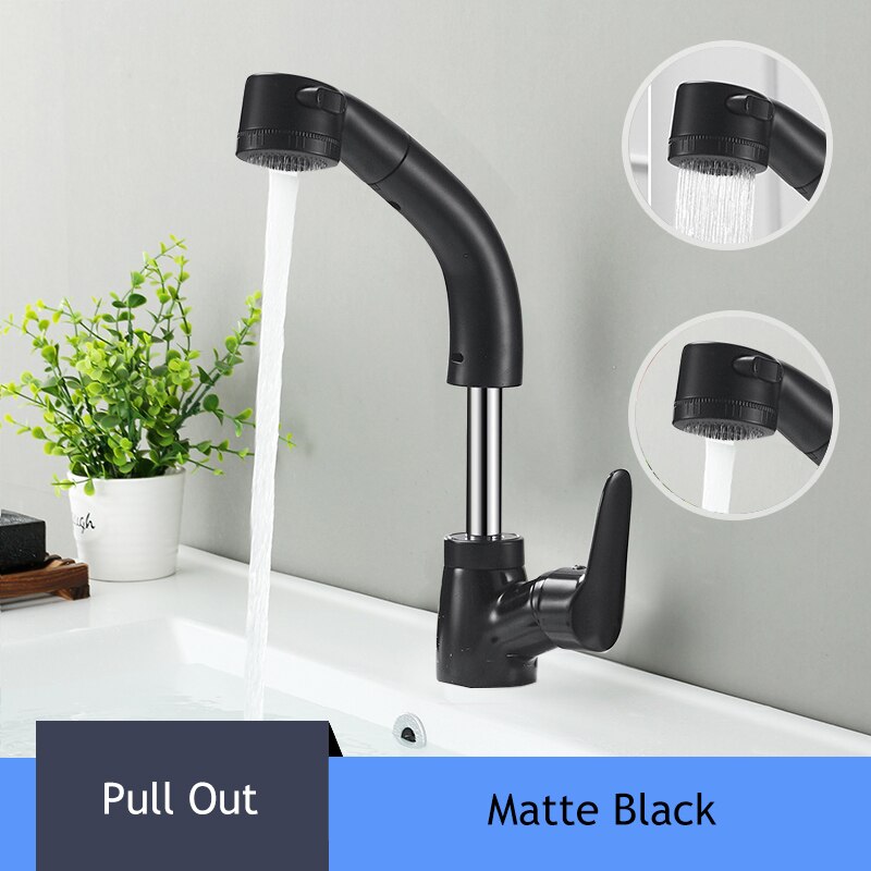 Deck Installation Basin Faucet And Cold Mixer Lifting Pull Out Bathroom Faucet Black Single Handle Basin Tap: Matte Black