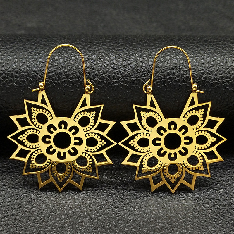 Pendientes de flor de loto de Yoga a la , pendientes de aro de acero inoxidable de Color dorado para mujer, joyería boucles d'oreilles E9360S01