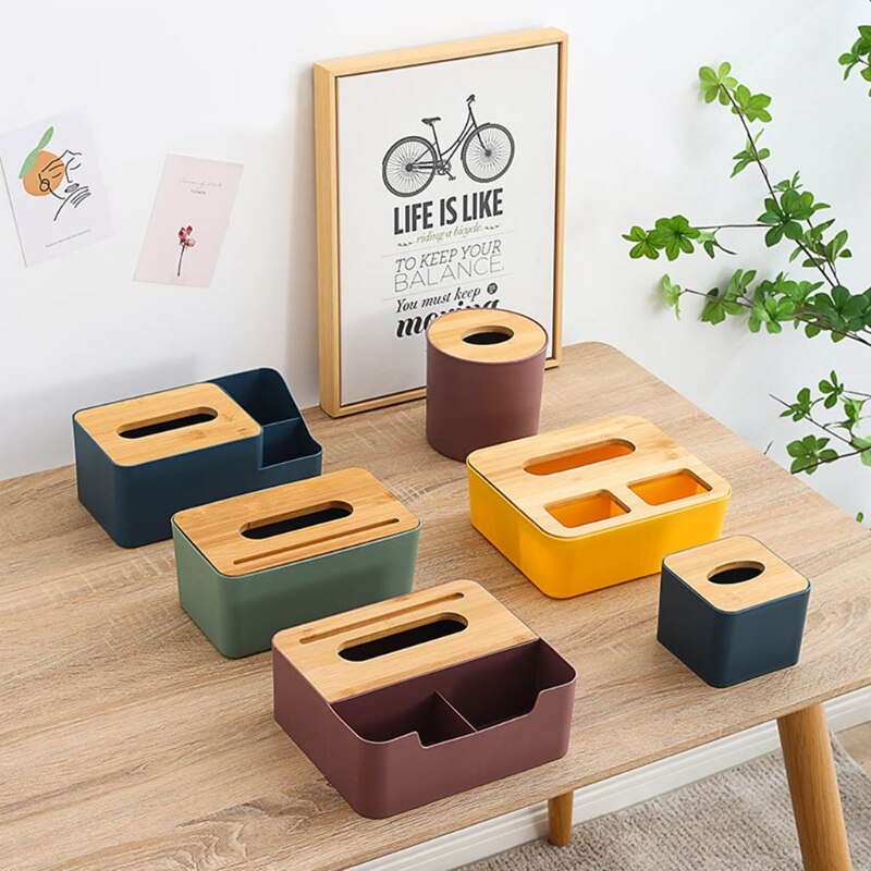 Plastic Tissue Box Bamboo Cover Napkin Paper Dispenser Organizer Cosmetic Storage Remote Control Container for Office
