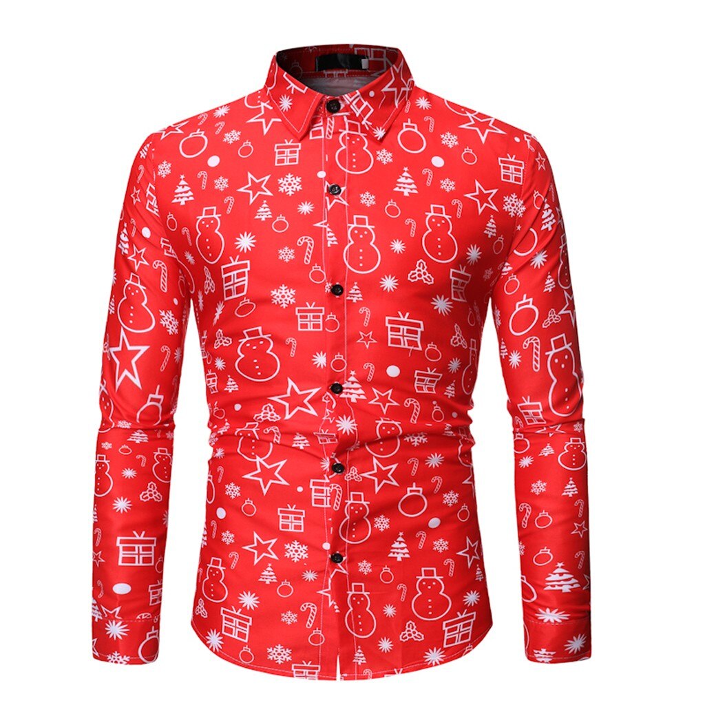 Feitong Christmas Shirt Men Casual Christmas Animal Printed Long Sleeves Red Shirts Top Blouses: XXXL