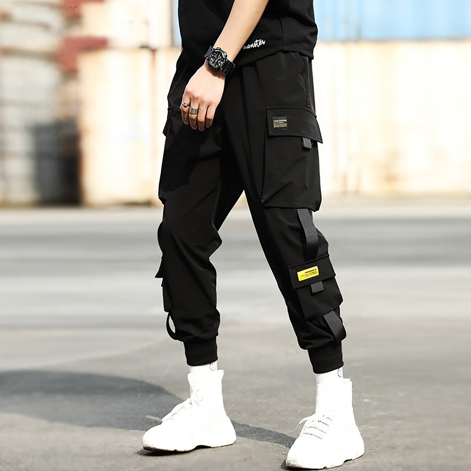 Pantalones de Cargo con cordón para hombre, cintura elástica informal, con bolsillos atados al tobillo