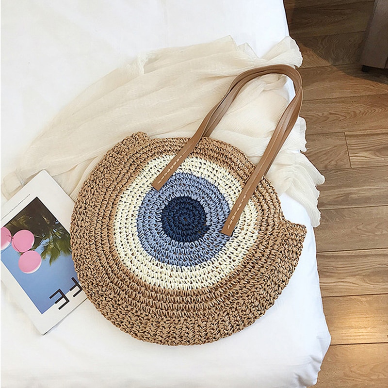 Round Ladies Straw Woven Bag Simple Shoulder Bag Beach Bag Large Capacity Handbag Women Bags Casual Tote Zipper