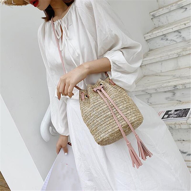 Sommer kvinder kvast bærbar slung skuldertaske retro snøre bucket bag håndtaske