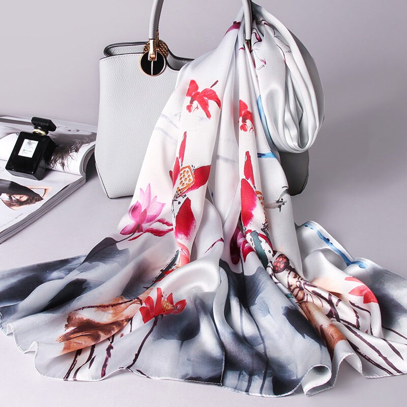 100% Silk Scarves Women Real Silk Scarf Wraps for Mom Printed Echarpe Long Natural Silk Foulard Femme Shawls: Color 8