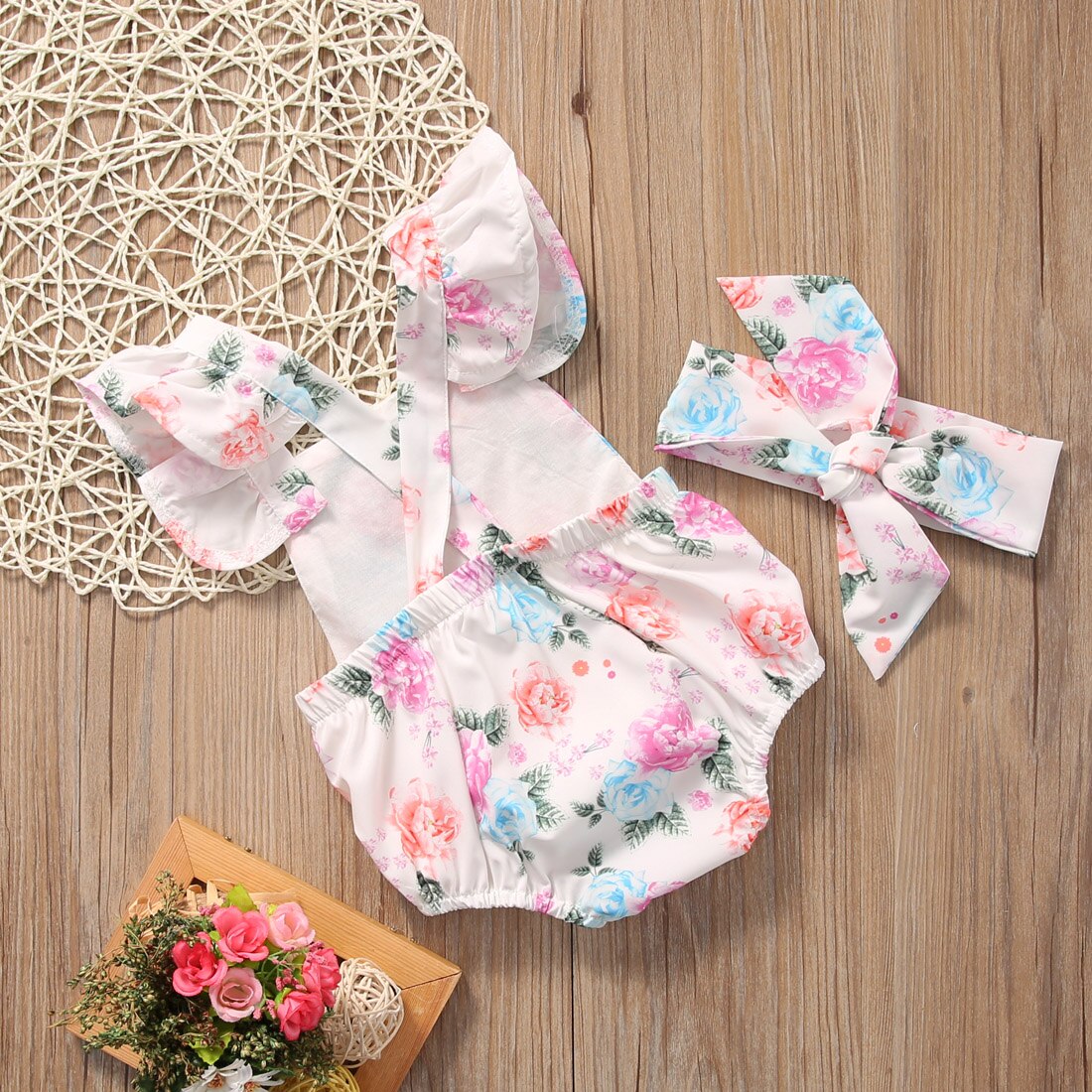 ¡2 unids/set! Verano lindo bebé niñas Floral sin mangas Romper + diadema verano Sunsuit conjunto de trajes de ropa