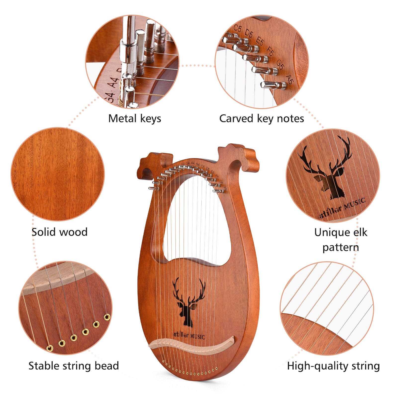 ammoon 16 String Lyre Harp Solid Wood String Instrument with Elk Pattern Storage Bag Tuning Hammer Strings Cleaning Cloth Picks