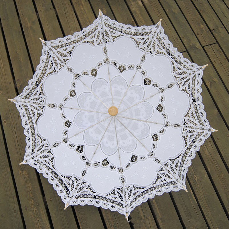 Handgemachte Stickerei Spitze Sonnenschirm Regenschirm Frauen Hochzeit Braut Foto Weiß Baumwolle Holz Griff Dekoration Regenschirm