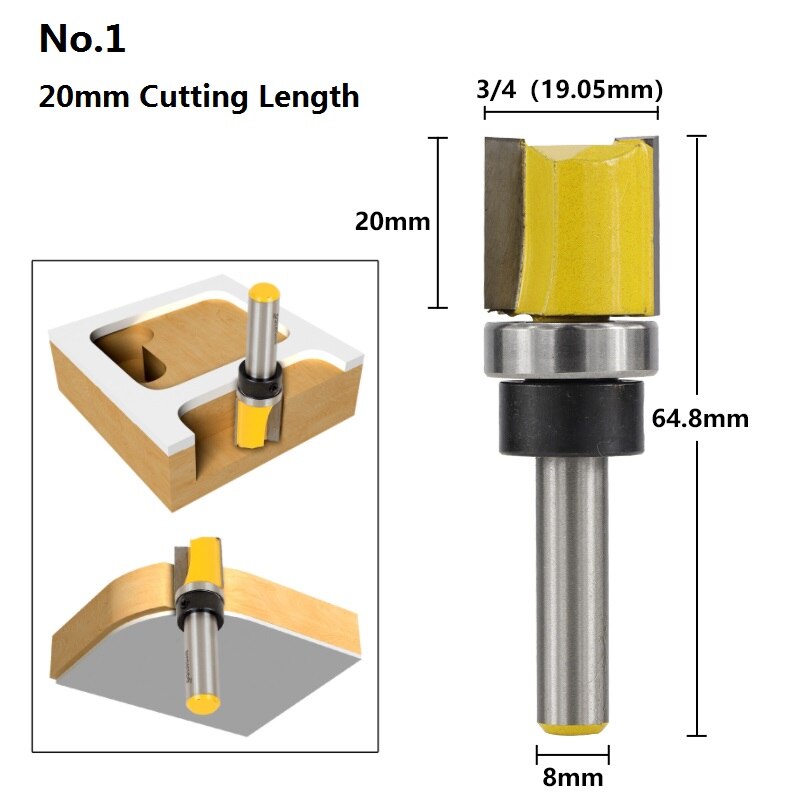 Xcan 1pc 8mm skaft flush trim skabelon fræser bit lige slids fræser hårdmetal endefræser træbearbejdning fræser bits: 20l