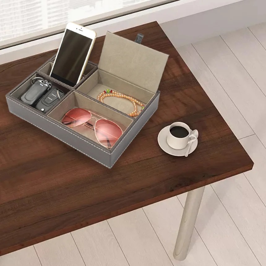 Bandeja organizadora de mesita de noche de cuero Pu para hombre, escritorio, vestidor, caja de almacenamiento superior, joyería, llaves, teléfono, billetera, accesorios para reloj, 1 ud.