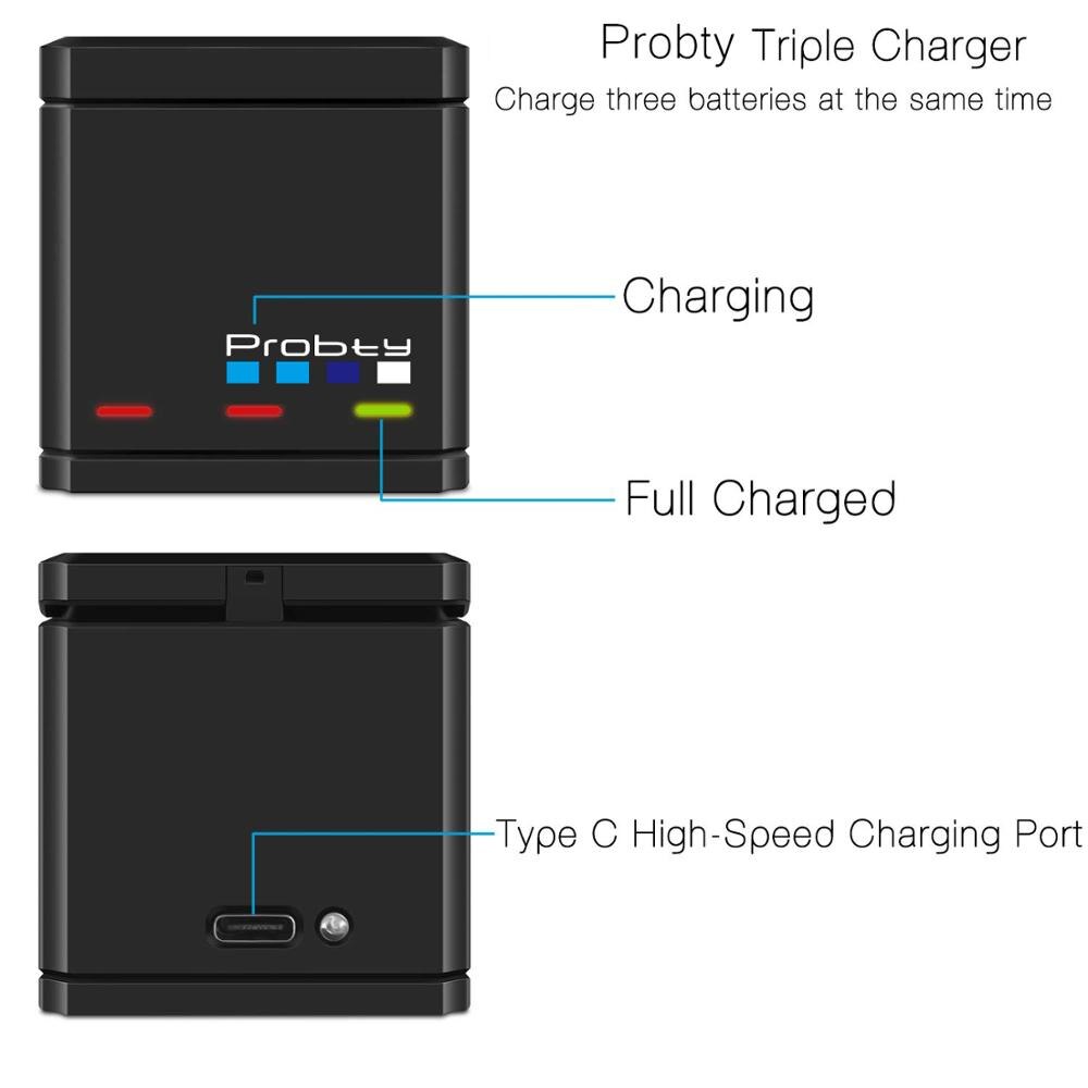 1x batteri  + 1x trippel lader til gopro helt 7 helt 6 helt 5 svart batteri til gå pro helt 7 6 helt 5 svart kamera batteri