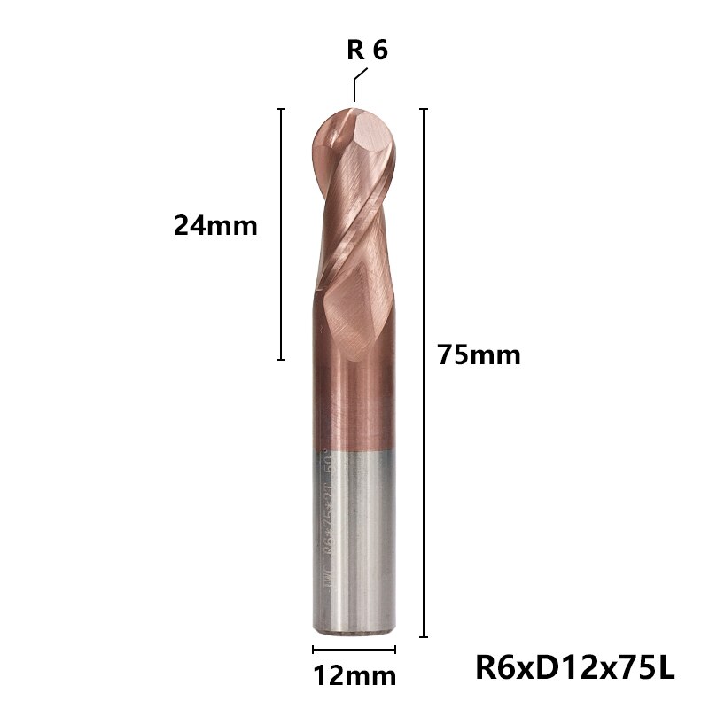 2 Flute End Mill CNC Ball Nose End Mill HRC 50 Router Bits TiCN Coating R0.5-6.0 Tungsten Carbide Engraving Milling Cutter: R6xD12x75L