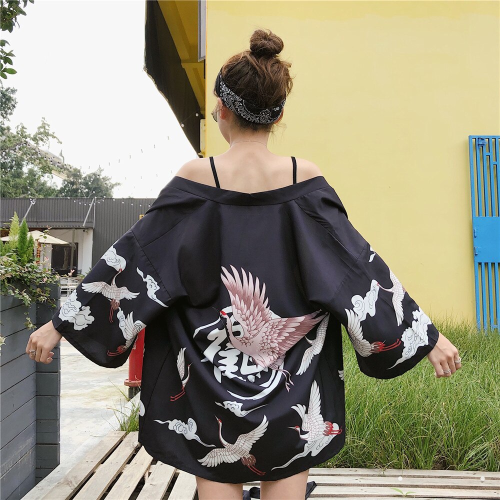 Japanese Yukata Kimono Summer Top Japan Printed Crane Haori Kimono Japones Harajuku Kimono Boho Yukata Women