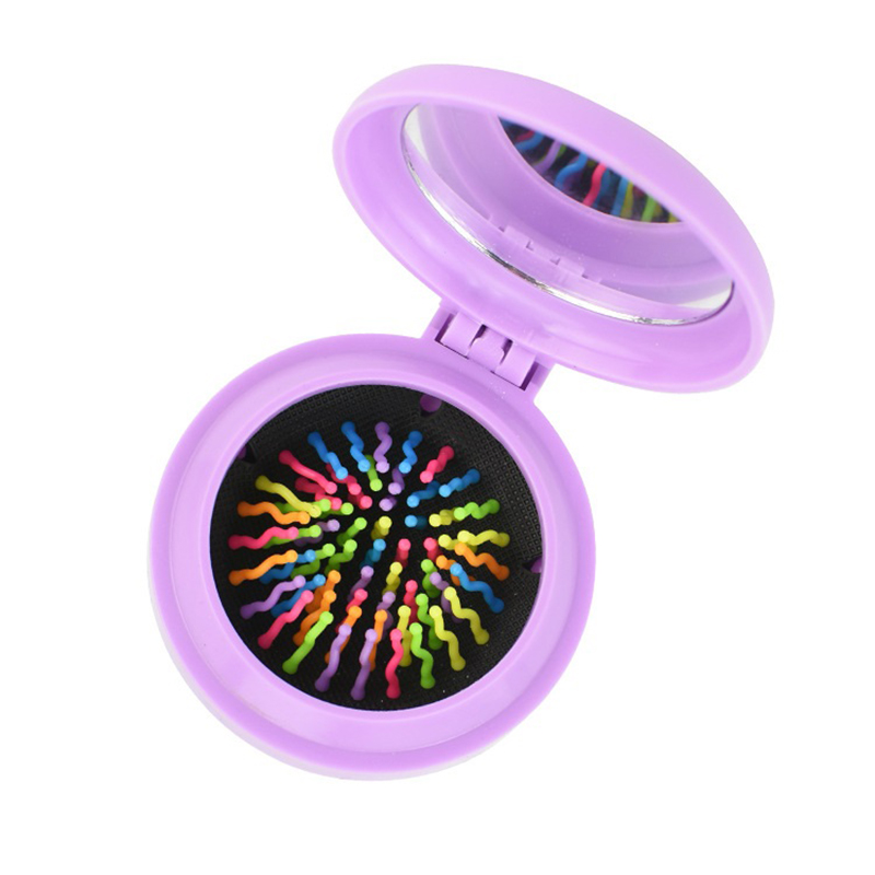 Peine plegable portátil de bolsillo redondo para niña, peine de masaje de viaje de tamaño pequeño, cepillo para el pelo con espejo, herramientas de estilismo, 7 colores, TSLM1: purple