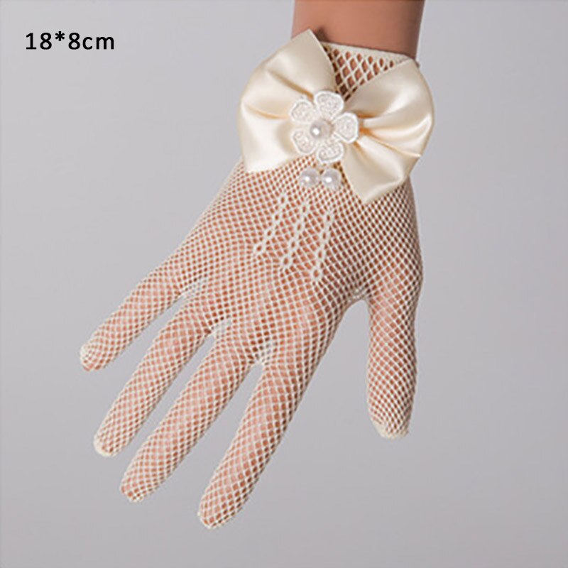 1Pair White Color Wedding Princess Gloves with Mesh Bowknot Wedding Party Bride Gloves Girl Performance Glove: Beige