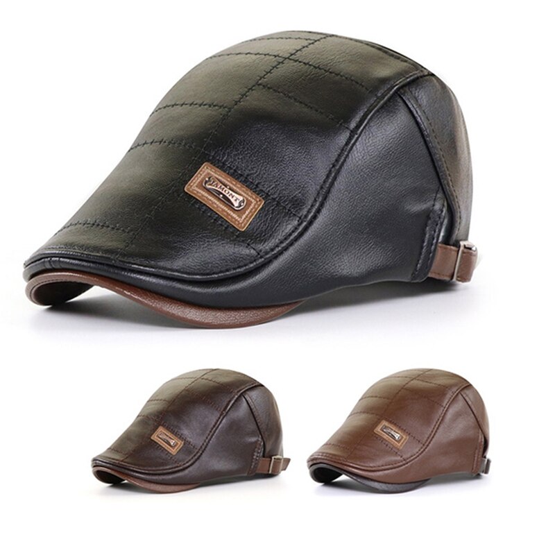 Béret en cuir PU pour homme, Casquette coupe-vent, chapeau plat de printemps, , sangle latérale