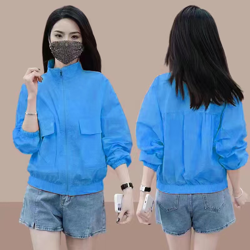 Zomerse dameskleding met zonbescherming: dunne lange mouwen, opstaande kraag, effen kleur, losvallende casual damesjas: Xxxl / Blauw