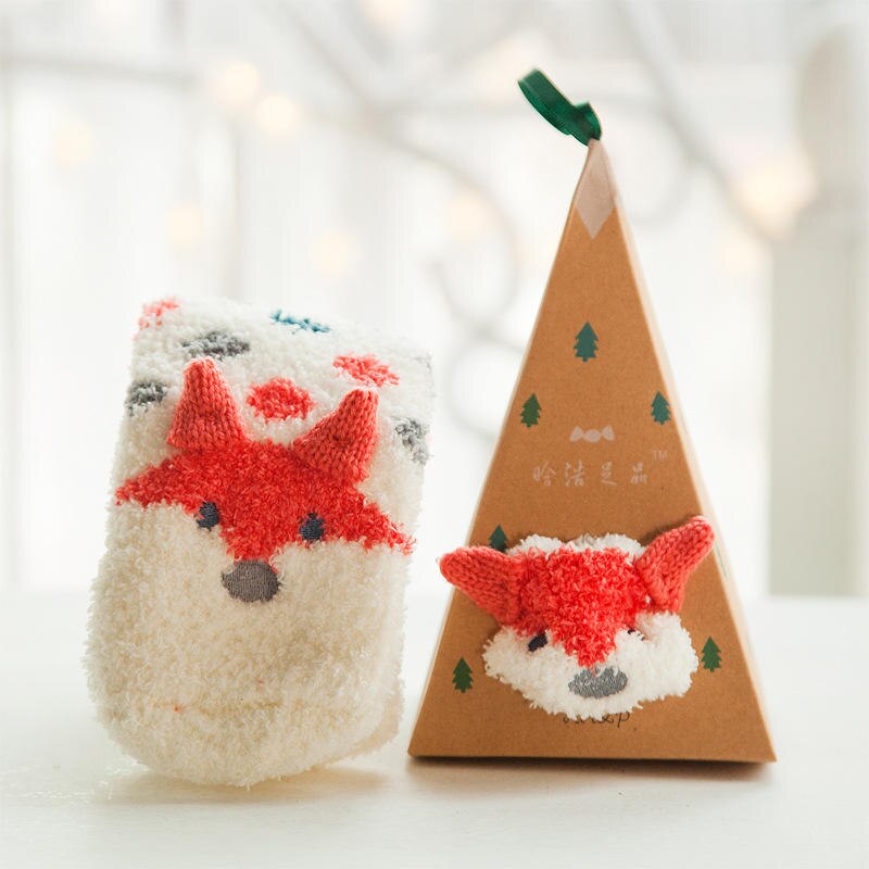 Cartoon Coral Fleece Babysokjes Peuters Anti-slip Warm Houden Sokken Herfst Winter Leuke Dier Sokken Kids kerstcadeaus: T3 included gift box